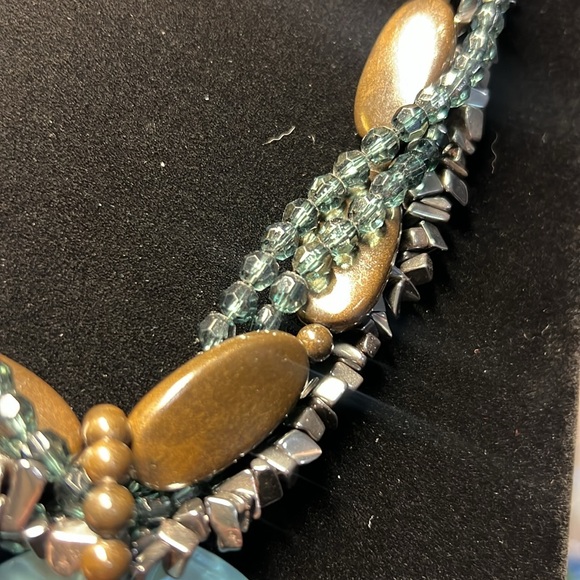 Hematite, Glass, Wood Multi-Strand Necklace Mother of Pearl Shell Pendant - Picture 3 of 6